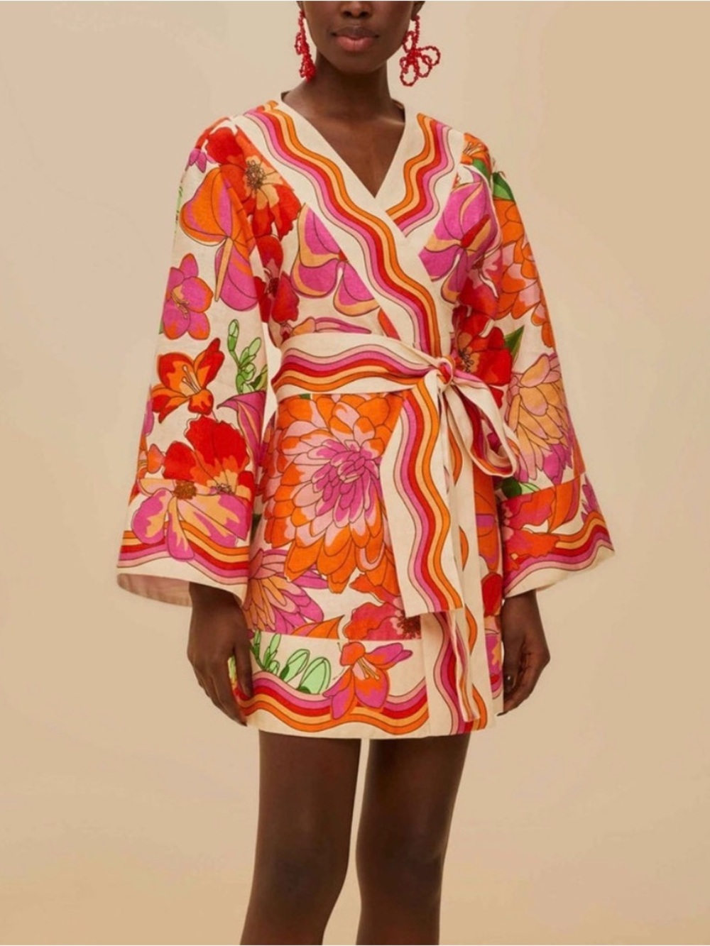 Farm Rio Linen Wrap Colorful kimono mini dress size S